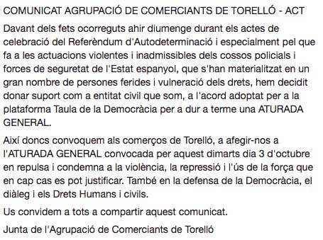 #3Oct #Torello #AgrupaciodeComerciantsdeTorello #Democracia #aturadageneral #violencia #repressio #dretshumans #CatalanReferendum #act