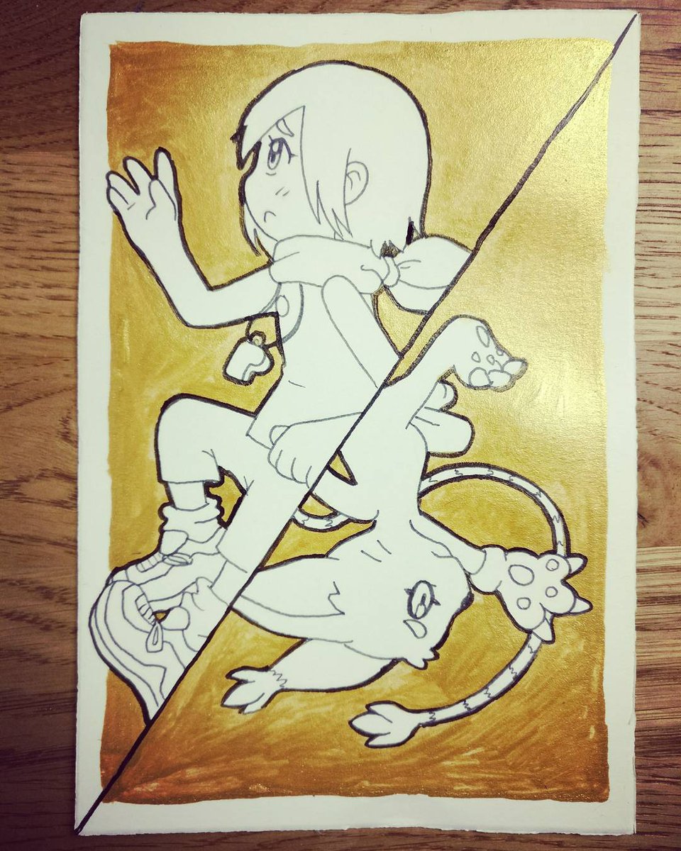 Myuna_Art's tweet image. DEVIDED. #inktober No. 2. Kari and Gatomon from Digimon (Season 1). Ink and golden Gouache (11x17 cm)

#devided #inktober2017 #inktober2017