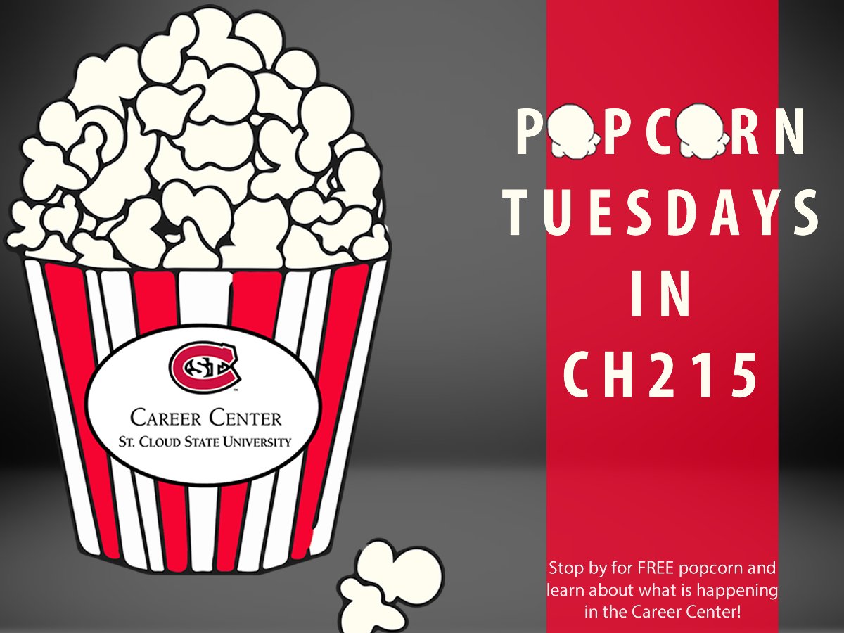 SCSUCareer's tweet photo. Pop on into the Career Center tomorrow any time from 2pm-3:30pm for free popcorn and free Career Center event knowledge! #PopcornTuesday https://t.co/IxwSQZ1VrG