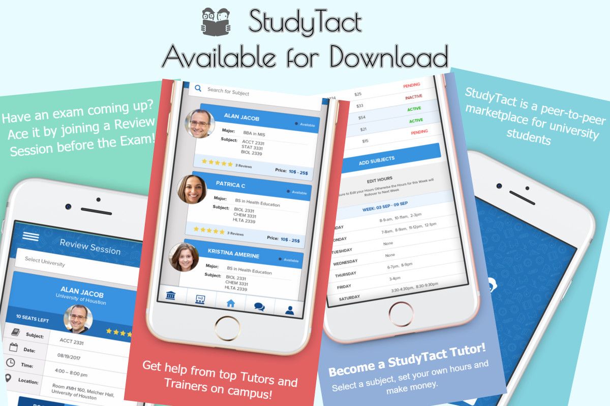 studytact's tweet image. StudyTact is now available on iOS and Android! Go on and download and find yourself the tutor you need to ace this semester! #startup
