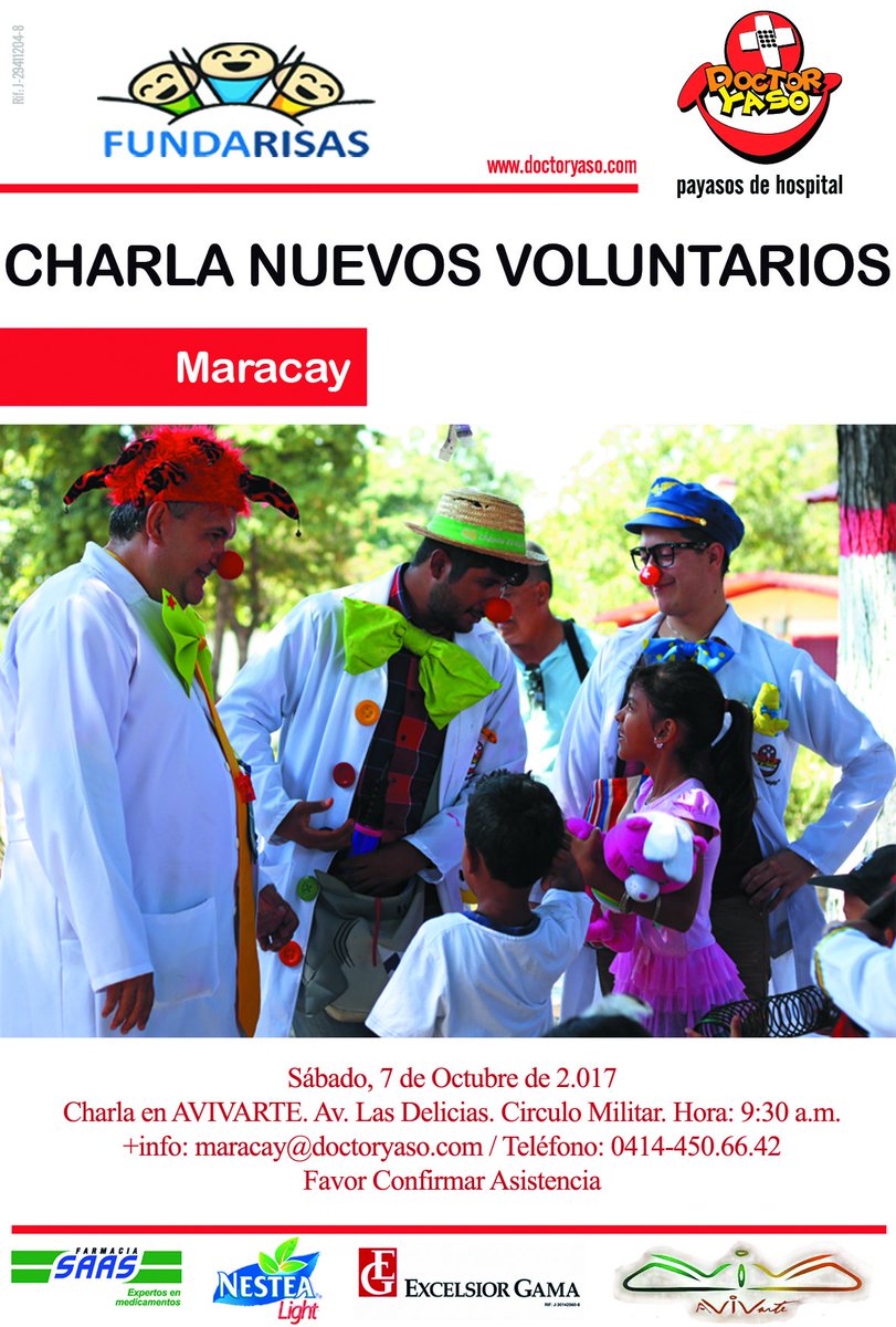 FUNDARISAS's tweet photo. Este 7 de octubre, te invitamos a nuestra charla para Nuevos Voluntarios de @DoctorYaso #PayasosDeHospital #Maracay en @AVIVARTEMCY https://t.co/tYbA2oSfX3