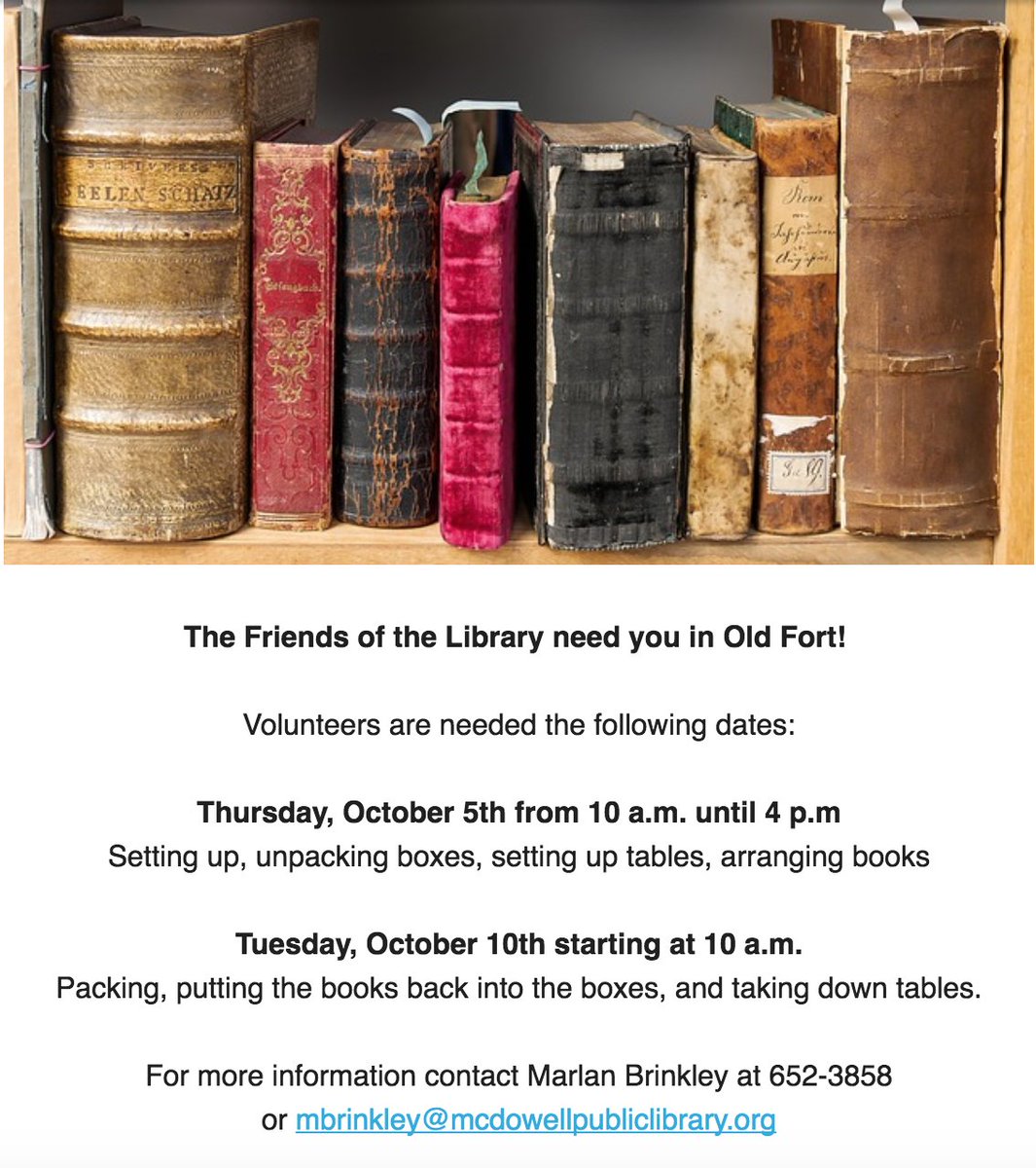 VolCtrMcDowell's tweet photo. Help out with the Old Fort Book Sale! 📚

Call 652-3858 for more information. https://t.co/DdZmTxFaGM