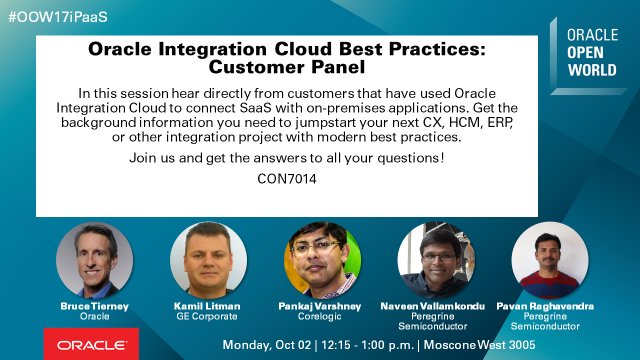 OracleIntegrate's tweet image. @tierneybruce @generalelectric @CoreLogicInc & @psemi share #OOW17iPaaS #BestPractices implementing #OracleICS today at 1215p