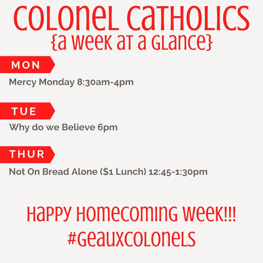 ColonelCatholic's tweet photo. Happy Homecoming week Colonels!! Check out what's going on at STA this week! #geauxcolonels #colonelcatholics #aweekataglance https://t.co/eSZsBANPaQ