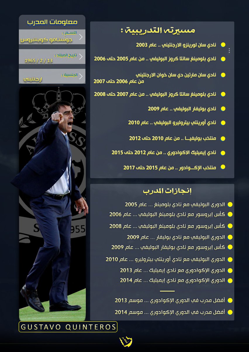 AlNassrFC's tweet photo. من هو مدرب #النصر الجديد #جوستافو_كوينتيروس !
#معاك_يانصر https://t.co/uIXtR8ylpt