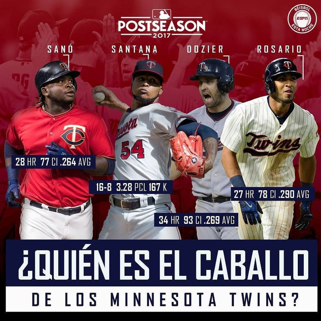 ESPN_Beisbol's tweet photo. ¿Sanó, Santana, Dozier o Rosario? ¿Quién es el caballo de los @twins para la #PostemporadaESPN? 🐎⚾🔥 https://t.co/rlO5F020BJ