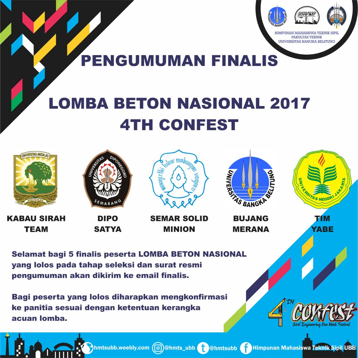 Selamat untuk 5 finalis yang lolos dalam tahap penyeleksian proposal 🎉🎉🎉
#4thCONFEST#GGCONFEST
