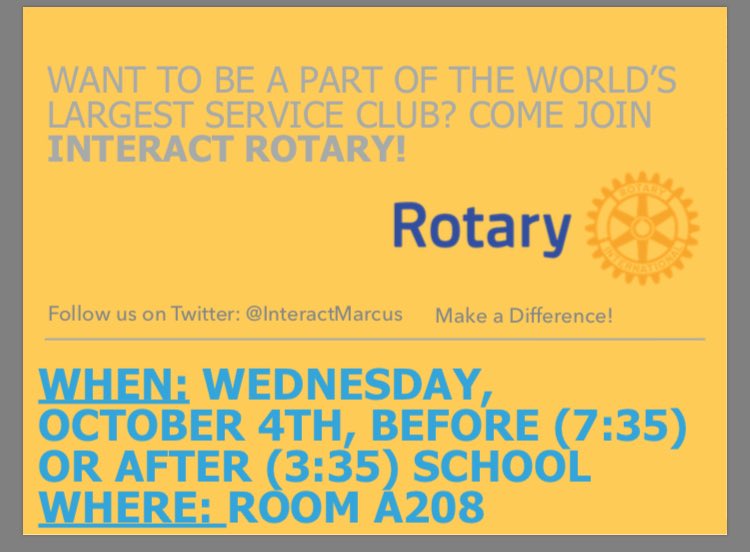 InteractMarcus's tweet image. Come see what Rotary Club is all about this Wednesday before or after school in room A208!