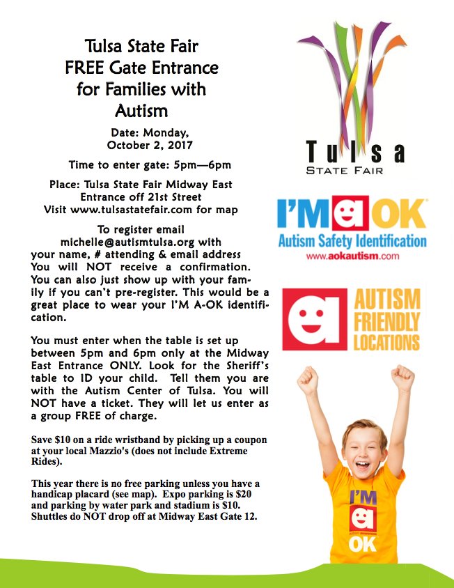 AFLocations's tweet photo. Tonight's the night! See you at the fair! FREE gate entrance 5-6pm @tulsastatefair #autismawareness #autism #imaok https://t.co/STXCBnnbej
