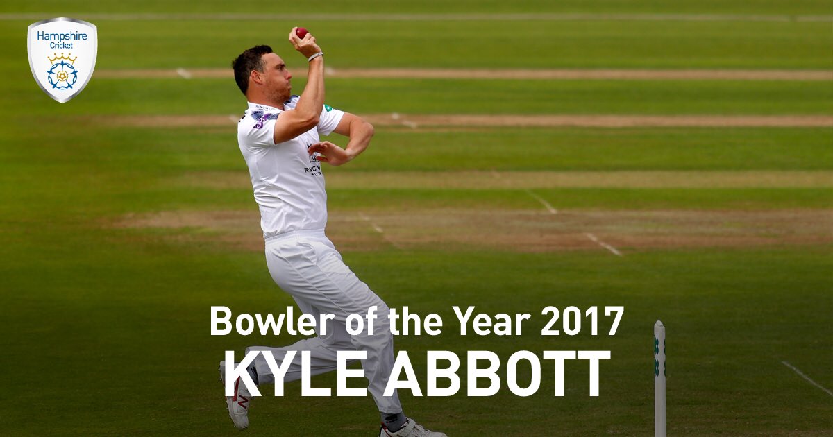 hantscricket's tweet photo. Congratulations to @Kyle_Abbott87 who has been named 2017 Bowler of the Year in our first award of the evening! 👏🏆 #EOSAwards https://t.co/R2Gdg3xO57