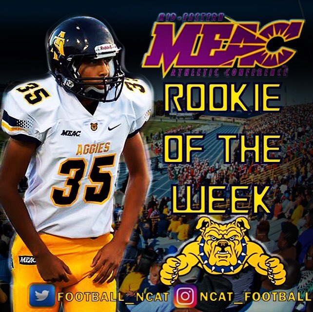 NCATFootball's tweet photo. Congrats to @NoelRuiz98 for being named @MEACSports Rookie of the Week. #AggiesAllIn #AggiePride #NCAT https://t.co/ttVYhaP7Qt