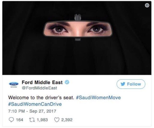 pascualamaia's tweet photo. Arabia Saudí levanta la prohibición de conducir a las mujeres. Comienza la creatividad #SaudiWomenMove #Ford #Publicidad https://t.co/PT4JfPHTeR