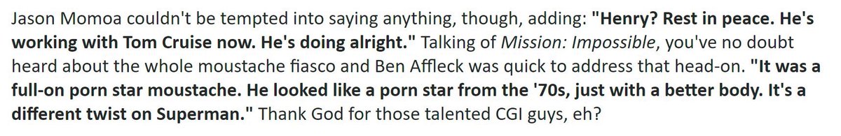 bestofbenry's tweet photo. "It was a full-on porn star moustache. He looked like a porn star from the '70s, just with a better body." -Ben Affleck on Henry Cavill https://t.co/RtSXt0I09y