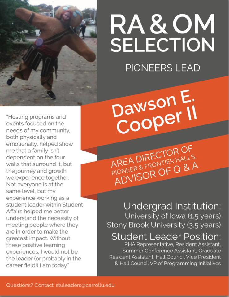 PIOrientation's tweet image. Happy October, Pios! Check out what Dawson has to say about this position. Have questions? Make sure to send them to stuleaders@carrollu.edu
