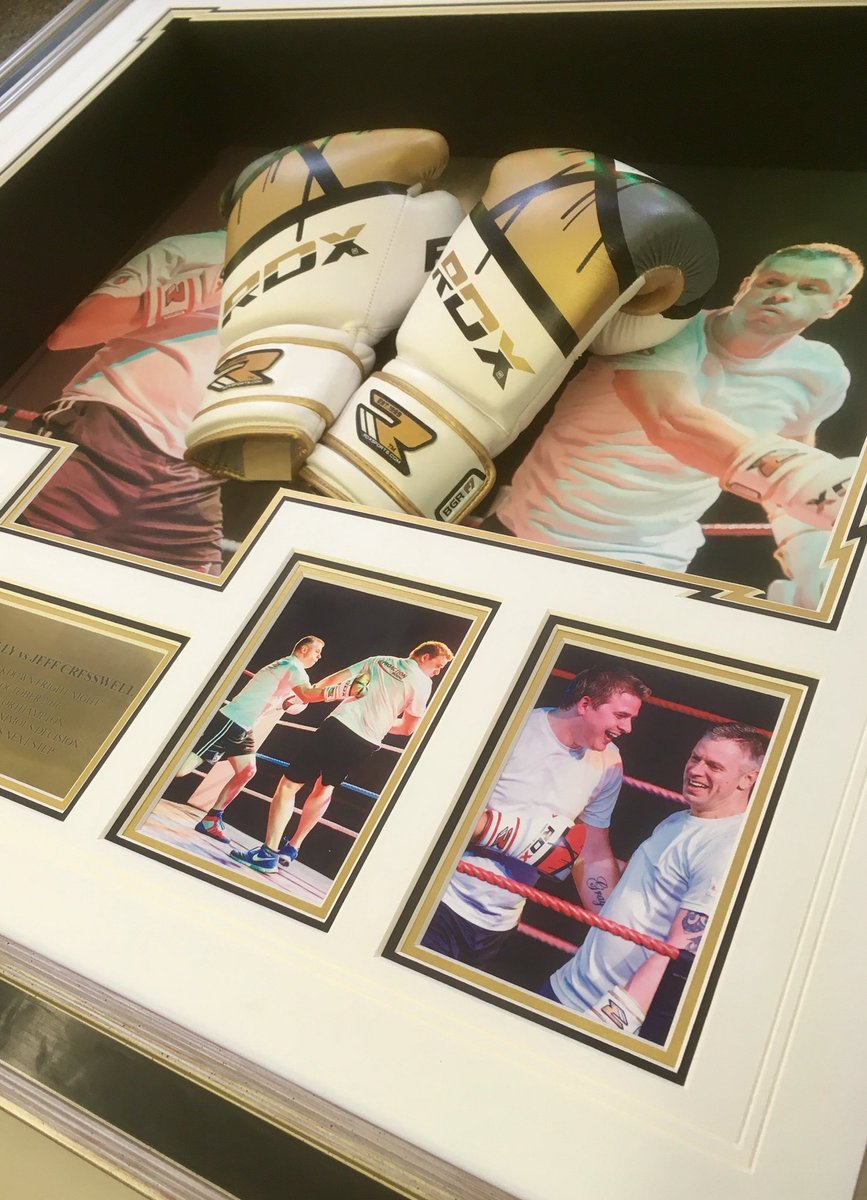 PixieGallery's tweet photo. A pair of gloves framed for a gent who recently had a charity uwcb fight!! A top of the range frame for this lucky customer!! #uwcb https://t.co/SySkJd5tSy