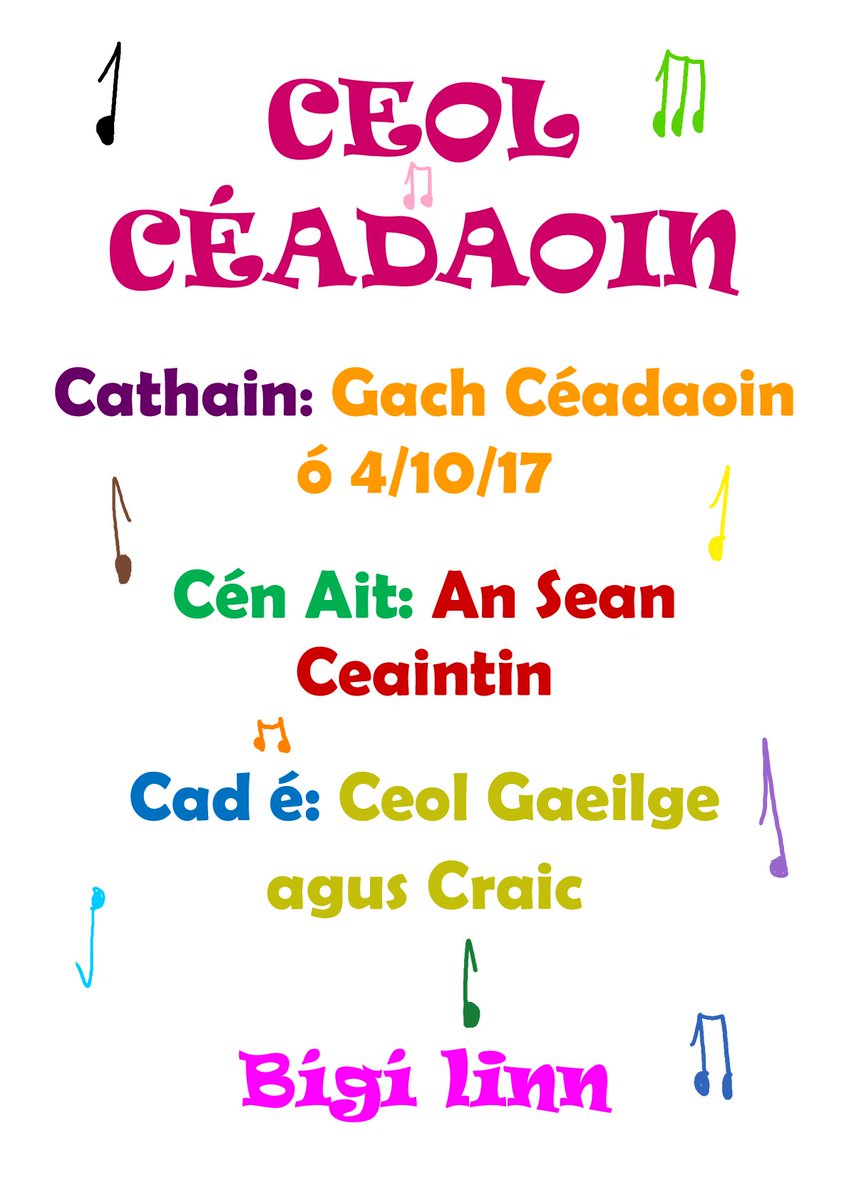 ClaregalwayColl's tweet photo. Ceol Céadaoin ag tosú an tseachtain seo eagraithe ag an gcoiste Gaelbhratach @TgLurgan &amp; #Ceol2017 ar an seinnliosta! #Gaeilge #Gaelbhratach https://t.co/BJdovyoHnE