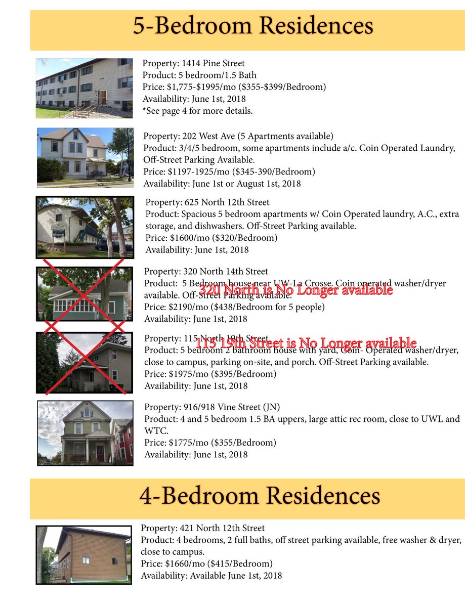 360Realty_Lax's tweet photo. Campus Area Housing List is now available. Please contact us with any questions or to schedule a showing!(2of2) https://t.co/SAl18Y5F2w