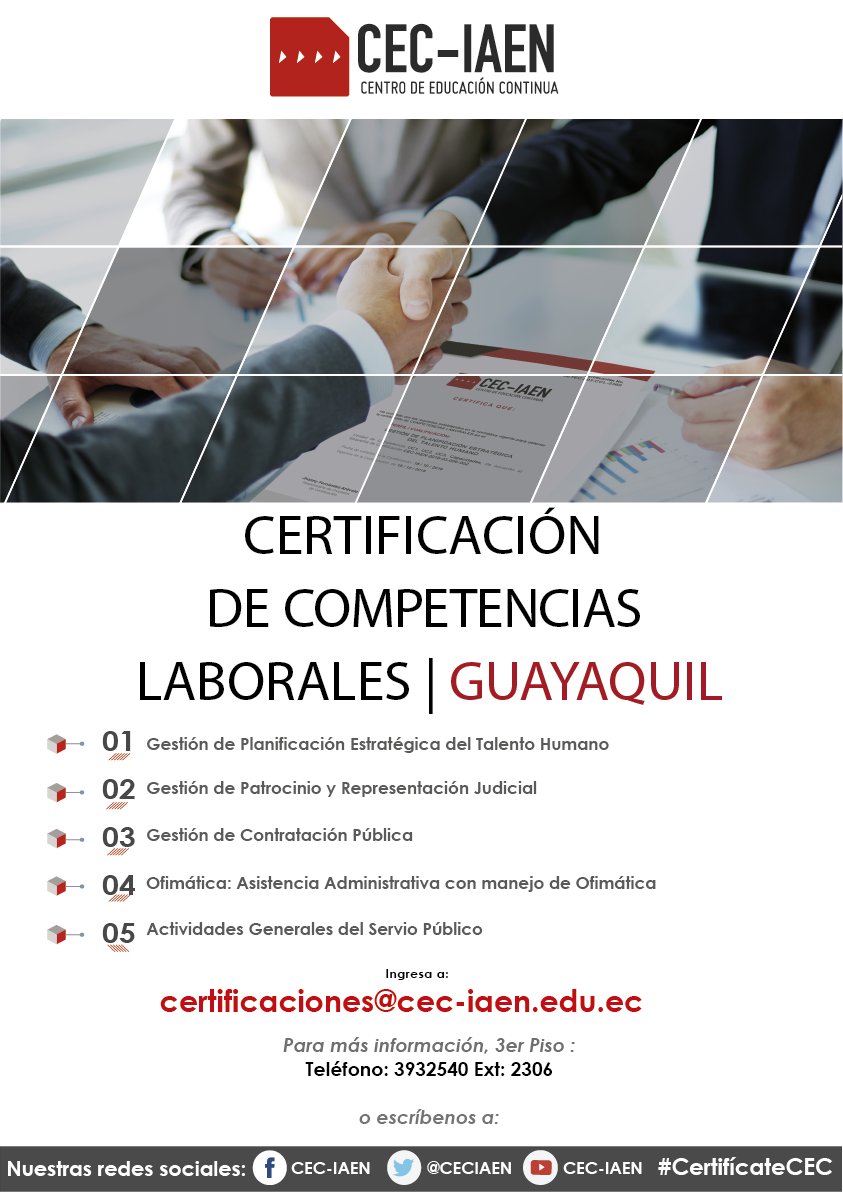 CECIAEN's tweet photo. La certificación por competencias laborales llega #Guayaquil. Inscríbete y certifica tus conocimientos. Click ▶️ https://t.co/LVfvJAR1lQ https://t.co/elFaLPOaj3