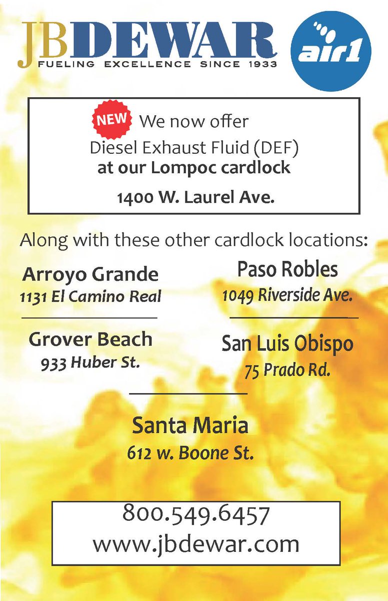 JBDewarInc's tweet photo. We now have DEF (Diesel Exhaust Fluid) available at the pump at our Lompoc cardlock along with 5 other locations. #DEF https://t.co/vqPRdlLzrT