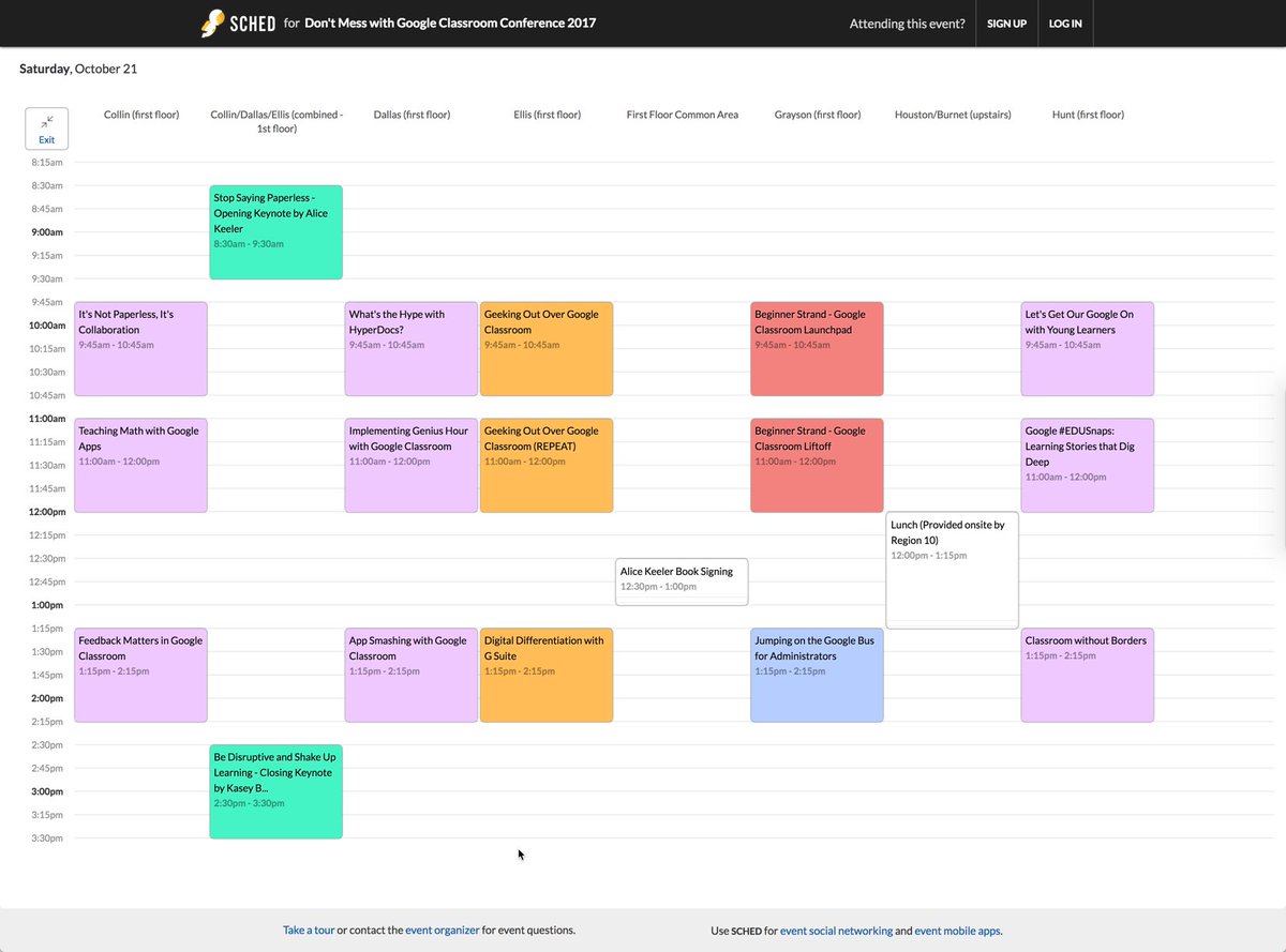 alicekeeler's tweet photo. Schedule for #googleclassroom event in Dallas Texas. https://t.co/dn8e7G4sVO @shakeuplearning https://t.co/Q6fOn5TApV
