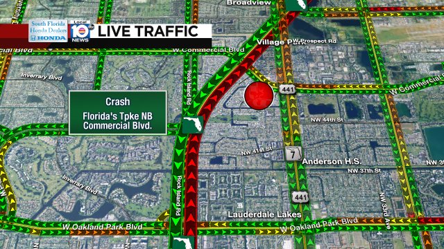 CRASH: Florida's Tpke NB & Commercial Blvd. Delays stretch to Broward Blvd. Alts: US-441, US-1, & I-95. #TRAFFIC https://t.co/Pvn1AGVBRY