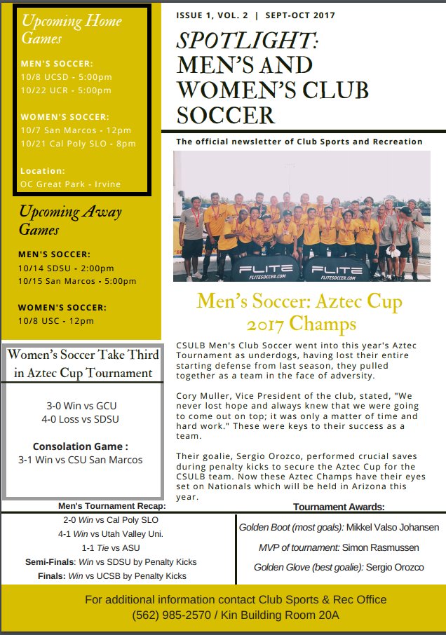 Soccer Spotlight!!
Congrats to both our Men's and Women's Club Soccer Teams for their success at the 2017 Aztec Cup! #GoBeach