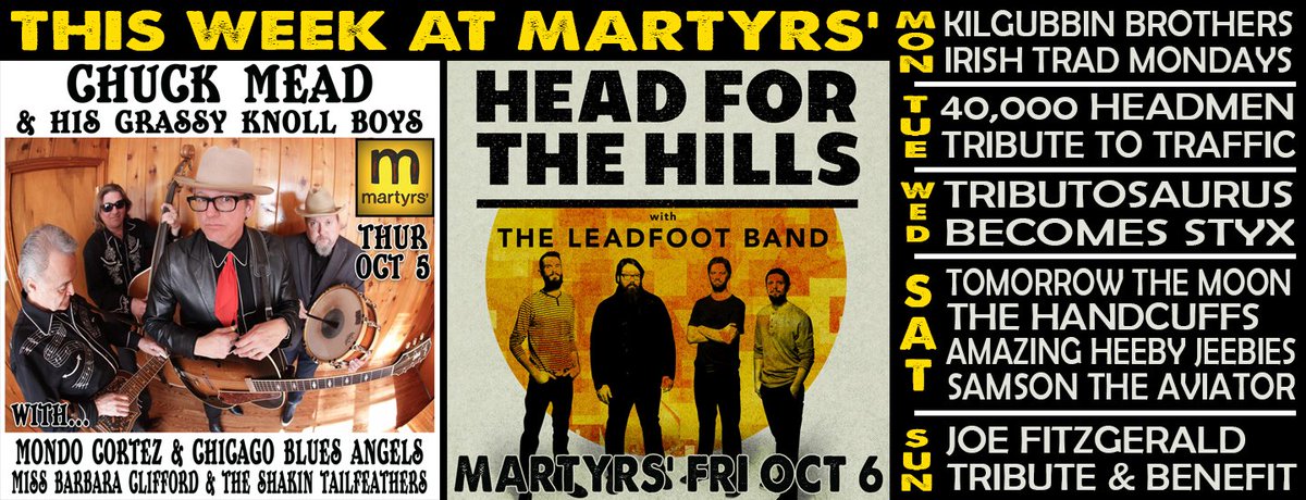 martyrslive's tweet photo. THIS WEEK! #ChuckMead #rockabilly #honkytonk #HeadfortheHills #bluegrass #40000headmen #traffictribute #tributosaurus #Styx #styxtribute https://t.co/mPqg6vHnAf