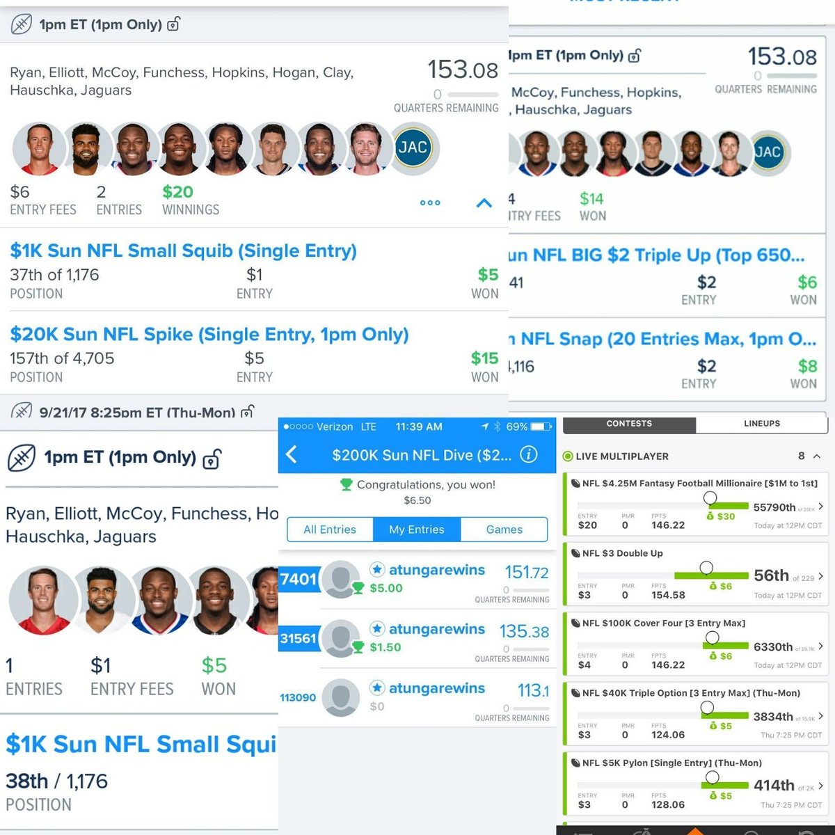 HammerDFS's tweet photo. FD gpp lines hit!! And 1 more DK winner, bottom right. Couldn't fit all the DK winners on the last post. Sorry?  #hammertime @DfsFinder https://t.co/Rma6uVtfAK