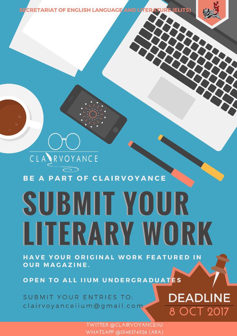 ClairVoyanceIIU's tweet photo. Oh no, time is ticking! 5 more days left so hurry up! Submit your work to us #clairvoyance17 ✨ https://t.co/zy05XQ9V6O