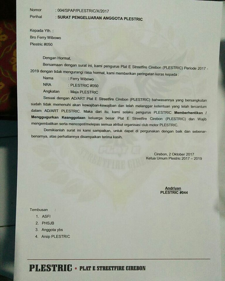 PENGUMUMAN!
Tidak mengurangi rasa hormat. Telah di Keluar-kan member PLESTRIC
Nama: Ferry Wibowo 
No. Registrasi: #050 

MoreInfo: facebook