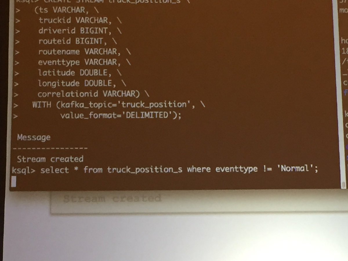 rmoff's tweet photo. Stream processing with @confluentinc's  #KSQL on @apachekafka by @gschmutz, BOOM! 💥 #JavaOne #oow17 https://t.co/wRphvDVevE