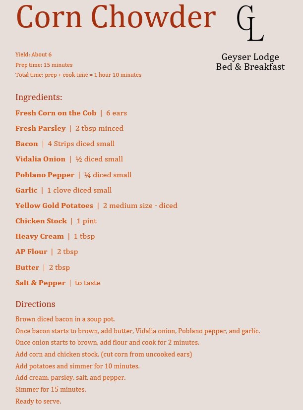 The fall chill is in the air and we're making Corn Chowder in this weeks recipe at the Geyser Lodge #saratoga #upstateny #iloveny #farmfresh