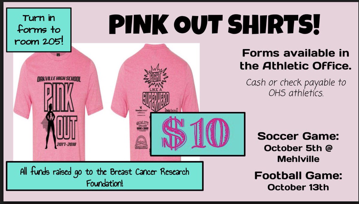 VarsitycheerOHS's tweet photo. There’s still time and more shirts! Bring your $10 to room 205 and get your pink out shirt ASAP! Pink out games start this week! https://t.co/1kz1bhM83U