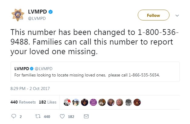 NBCNews's tweet photo. Las Vegas Metropolitan Police Department change phone number used by families to report missing loved ones. https://t.co/C4Fn6x8DFU