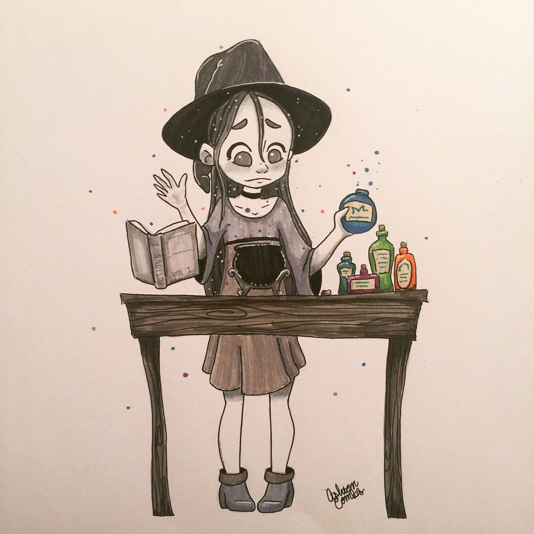 _ashyelizabeth's tweet photo. #potions are a lot harder than Estelle thought. #inktober2017 #inktober #day2 #tombow #illustrationoftheday #illustration #girlsillustration https://t.co/Oqg5pOcPbJ