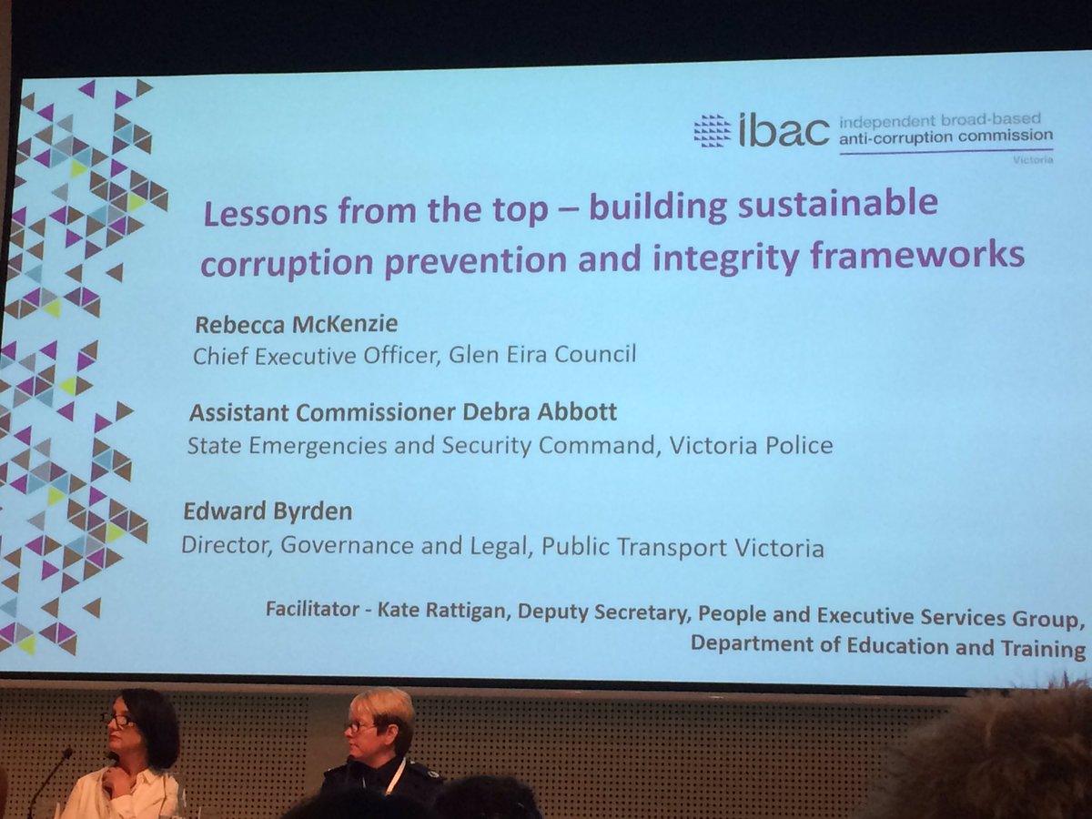 ibacVic's tweet photo. Dep Sec DET,  Kate Rattigan heads panel on sustainable #anticorruption frameworks #CPIC17 https://t.co/lLwi1gAujK