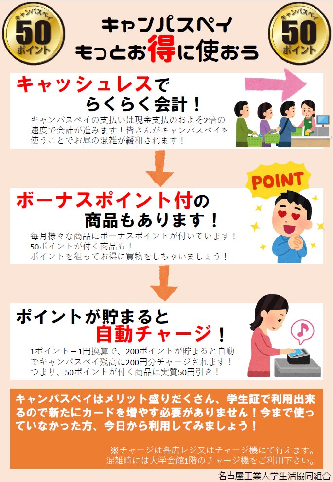 名古屋工業大学生協 Ar Twitter キャンパスペイ 今月はコンビニのお店でキャンパスペイのボーナスポイント企画が目白押し 使わないともったいないですよ じゃがりこにブラウニーにオリジナルおむすびなどなど 現金を出さなくていいので会計もスムーズですよー