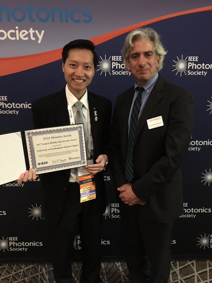 NicholasHLW's tweet photo. Our @unisouthampton @IEEEPhotonics chapter won Largest Membership Increase Award at #IPC2017! 🏆💡
Thanks to everyone's hard work!
@orctweets https://t.co/OBiCllX2LU