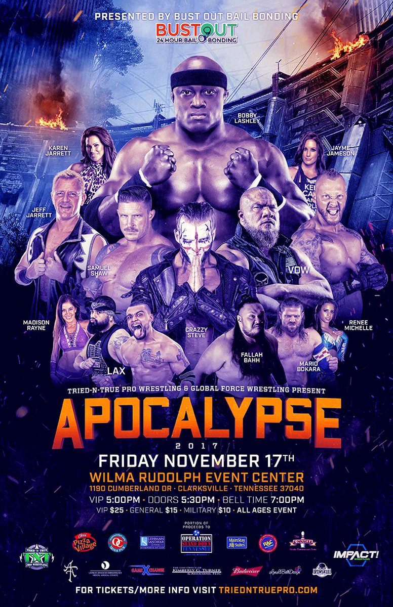 TriedNTruePro's tweet image. 11.17.17 #TNTPRO Apocalypse 2017 #WILMA @steveofcrazzy @TheSamuelShaw @fightbobby @Crimson @MadisonRayne @RealJeffJarrett @JaymeJameson