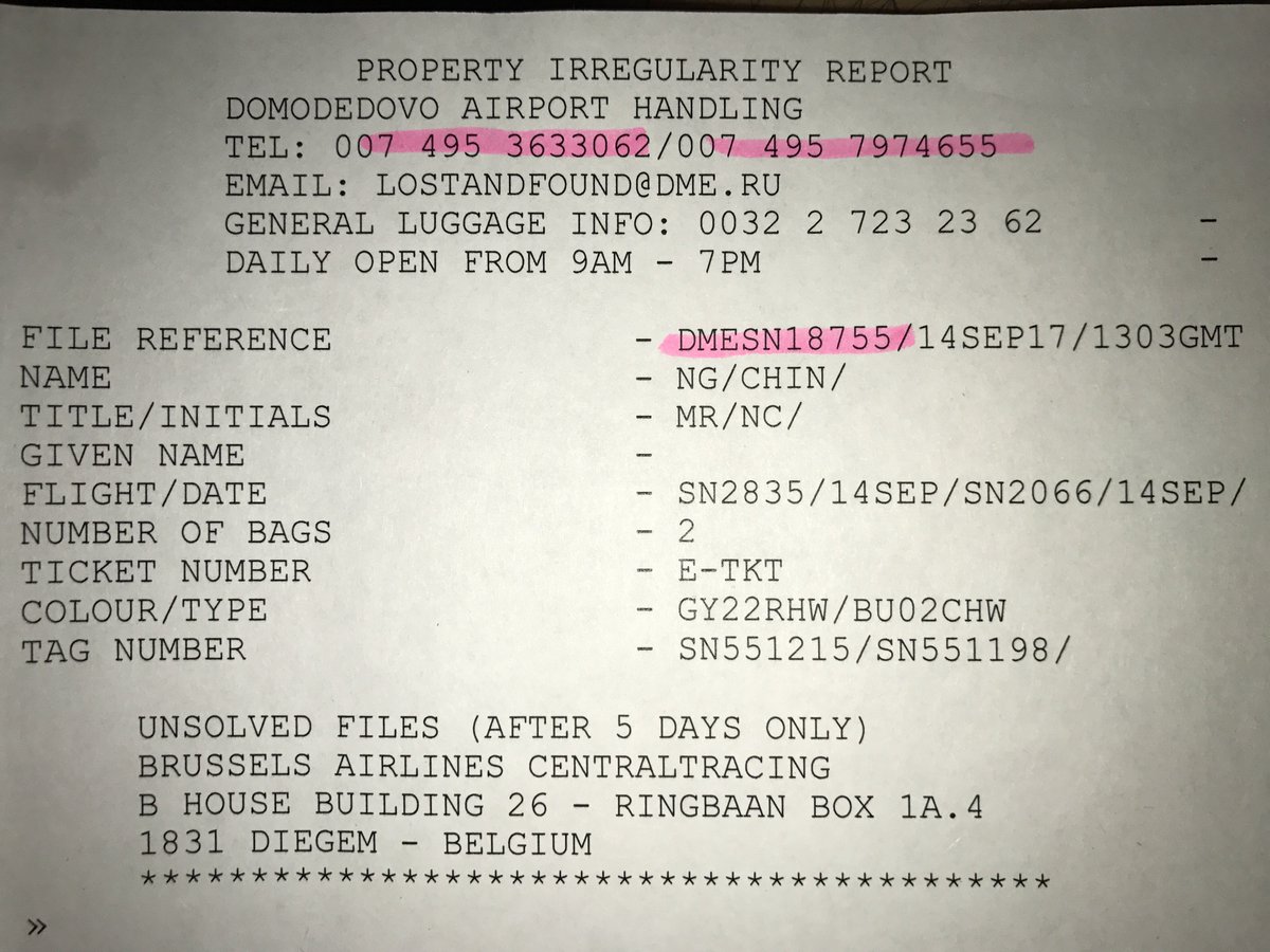 NgAndrewLH's tweet photo. @FlyingBrussels lost our luggage 14-18 Sep, inconveniencing our Moscow trip. They have since not replied to our emails. (ref: 1709-SN-02981) https://t.co/eyablGfGrv
