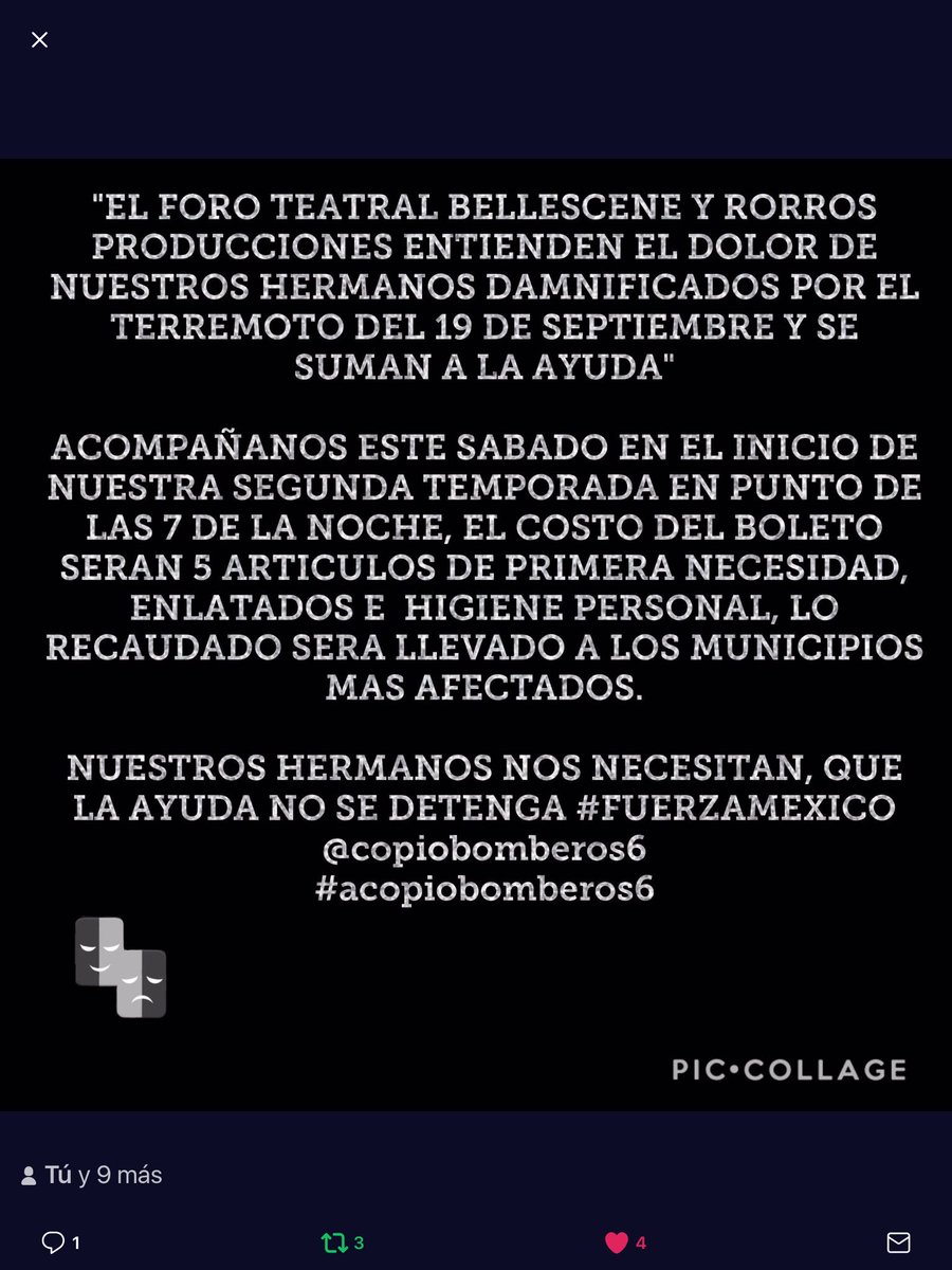 la_missclu's tweet photo. Este sabado #LlenemosLosTeatros y apoyemos a nuestro México Querido! @ForoBellescene y Productora #Rorros se unen!!Vamos @alejandro92Mx 😉🎭🙏🏻 https://t.co/VJnOJK3YHN