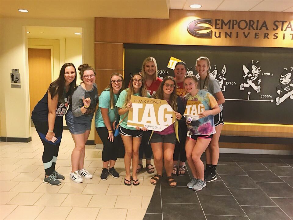 ESUStuFo's tweet photo. TAG week has officially begun! Thank you to the Fraternities and Sororities for helping put tags on donated items. #ThankAGiver https://t.co/2j7zbgQ8EI