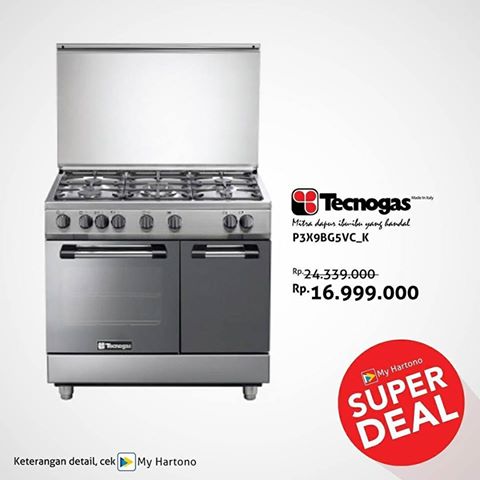 Tecnogas Freestanding Gas Cooker P3X9BG5VC_K dengan harga super deal via MyHartono apps hingga 8 Oktober 2017. Kuota terbatas! #myhartono