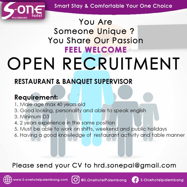 Lowongan Kerja S-One Hotel Palembang, Info Lengkap: goo.gl/m5TqMK 
#infoloker #lokerpalembang #loker #infopalembang #lowongankerja