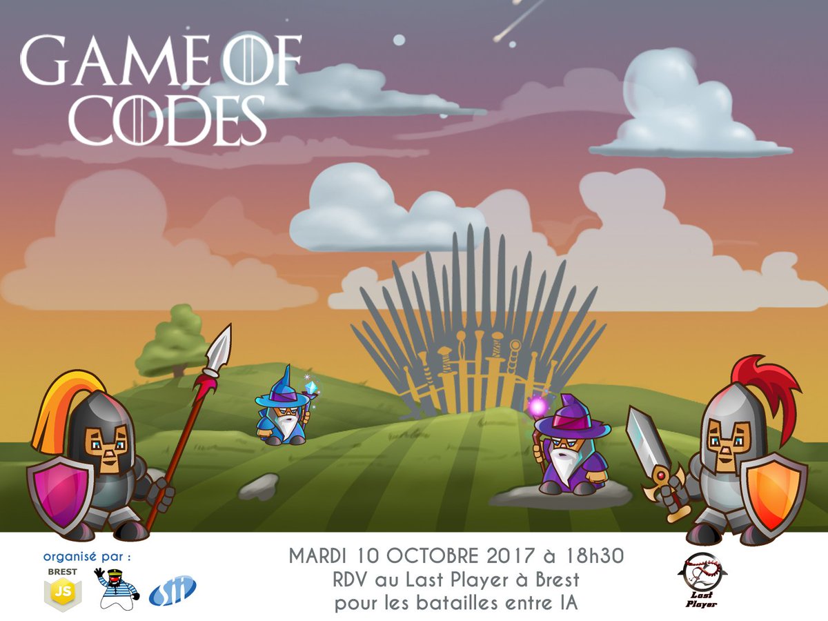 BrestJS's tweet photo. Préparez vos IA's au combat ! Le #GameOfCode débarque à #Brest avec @FinistJUG @sii_ouest le 10/10 au Last Player ! https://t.co/YxNUzAUni7 https://t.co/svvtSRsq1s