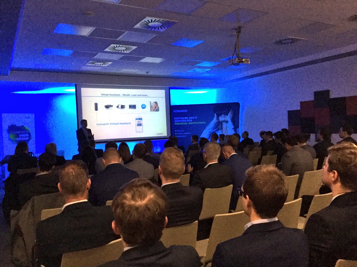 Comarch_Finance's tweet photo. Andrzej Przewięźlikowski is presenting features of #Comarch Virtual Assistant. The conference room is full! #CUG2017 https://t.co/vjDIQgQCz9