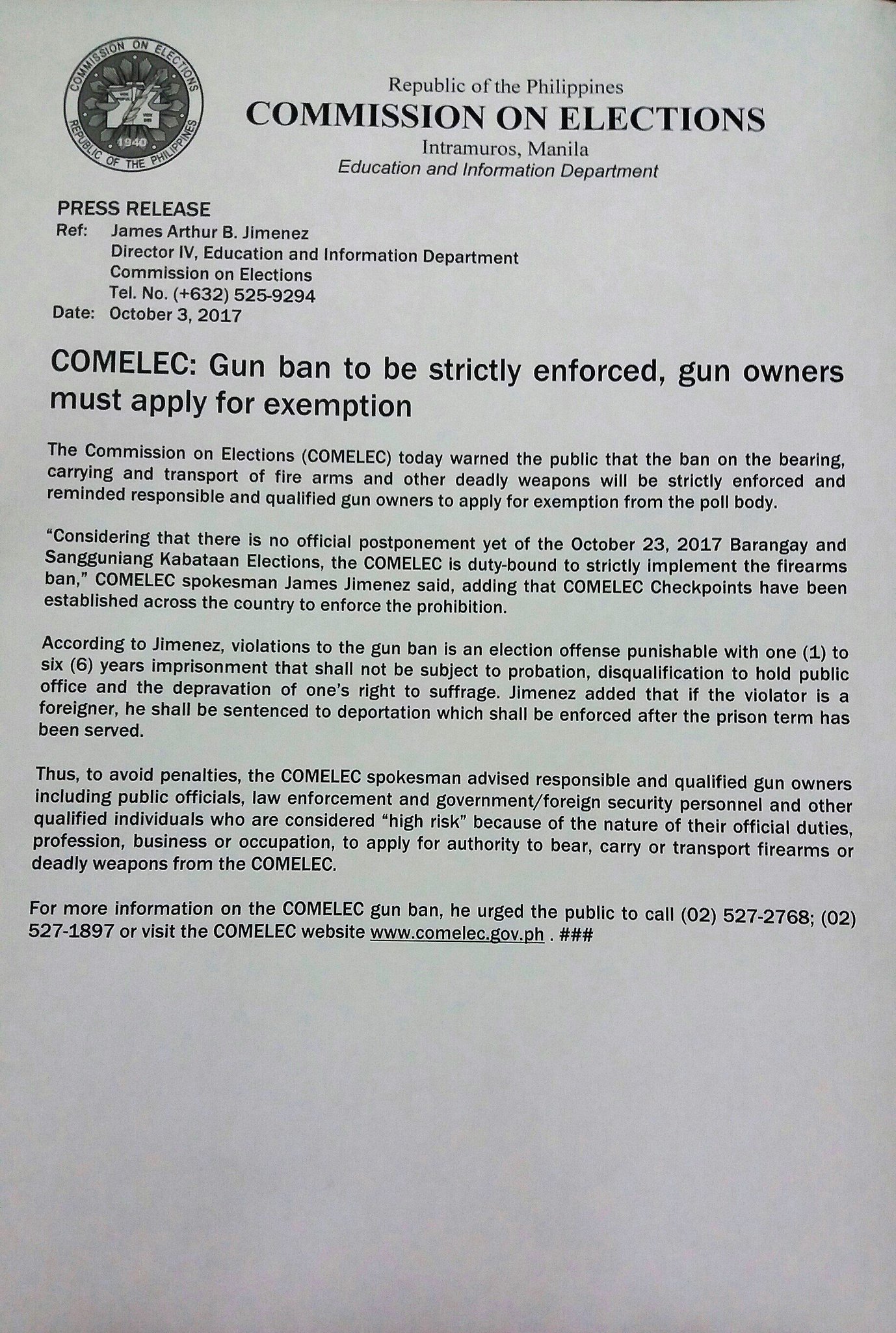 COMELEC on X: &ldquo;Press Release: COMELEC Gun ban to be strictly 