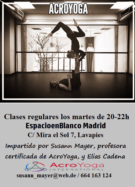 AcroYogaMadrid's tweet photo. Clases Regulares AcroYoga con​ Susann Mayer.
Martes por la tarde en Madrid! :D https://t.co/0j6tUnZNzy