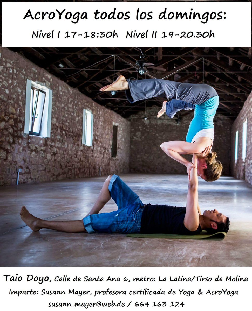 AcroYogaMadrid's tweet photo. AcroYoga todos los domingos con Susann Mayer!!
Nivel I: 17-18:30
Nivel II: 19-20:30
La Latina, Madrid https://t.co/nDSPoiEPxL