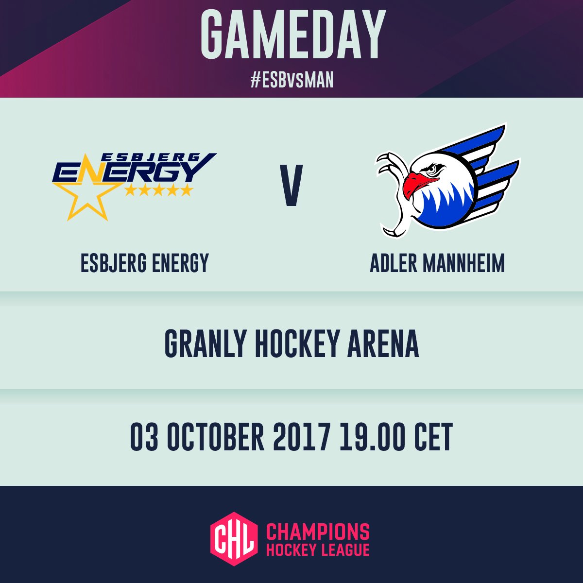 #Gameday! Die <a href="/adlermannheim/">Adler Mannheim</a> sind heute bei <a href="/EsbjergIshockey/">EsbjergEliteIshockey</a> zu Gast. #ESBvsMAN #championsgobeyond #einheitaufdemeis